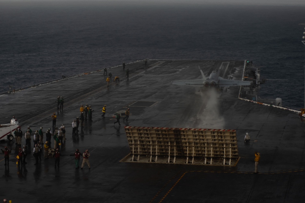 An F/A-18E Super Hornet, with Strike Fighter Squadron (VFA) 97, takes off from the flight deck aboard USS John C. Stennis (CVN 74).