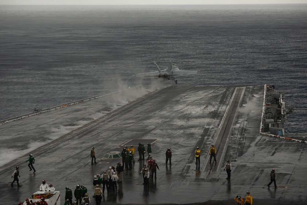 An F/A-18E Super Hornet, with Strike Fighter Squadron (VFA) 14, takes off from the flight deck aboard USS John C. Stennis (CVN 74).