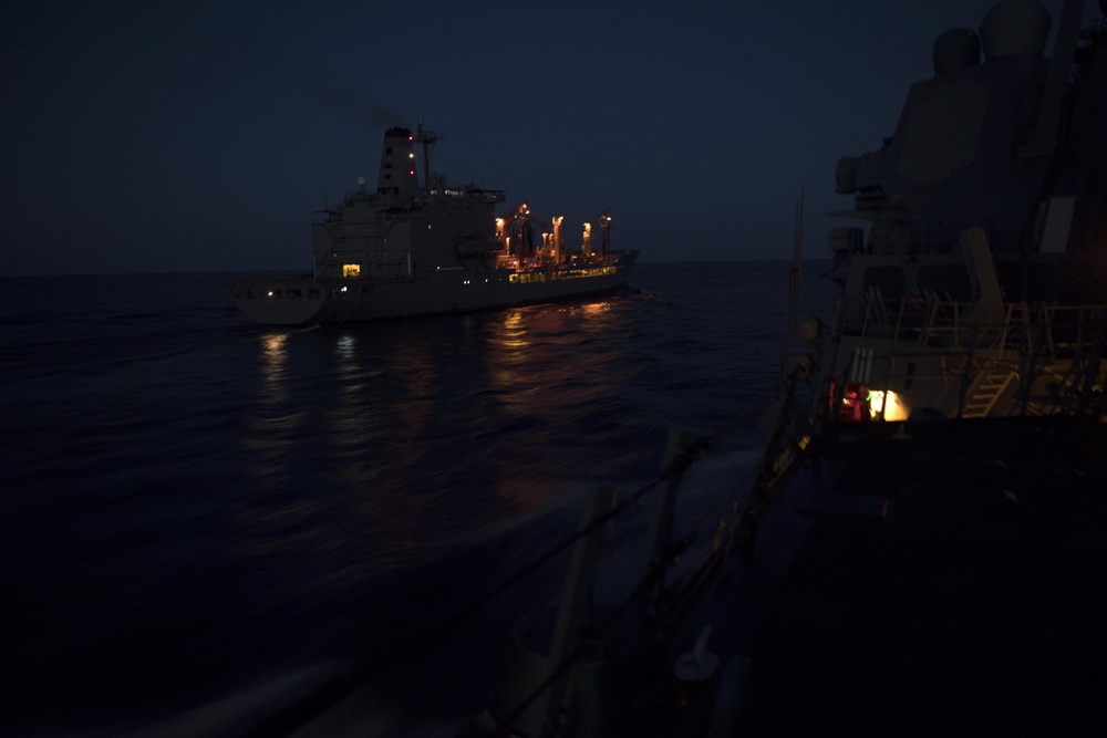 USS Spruance (DDG 111) pulls alongside USNS Guadalupe (T-AO 200) for a replenishment-at-sea.
