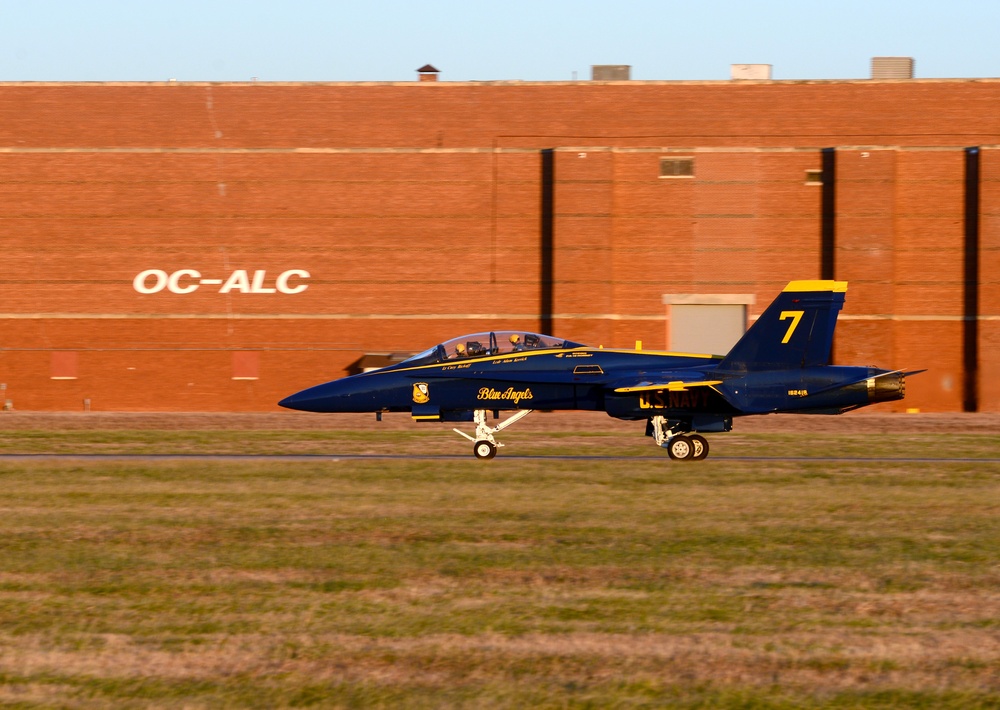 Blue Angel #7 arrives at Tinker Air Force Base for a site survey.