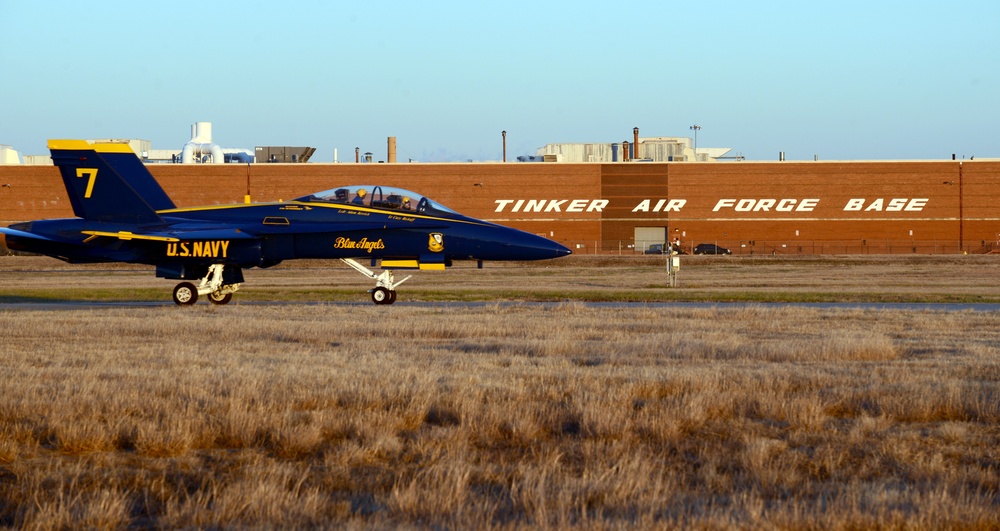 Blue Angel #7 arrives at Tinker Air Force Base for a site survey.