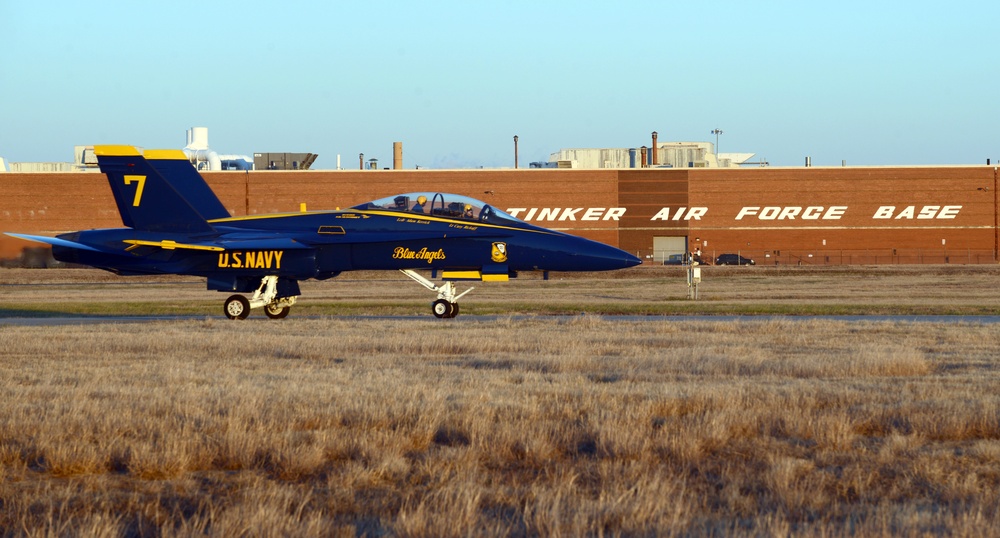 Blue Angel #7 arrives at Tinker Air Force Base for a site survey.