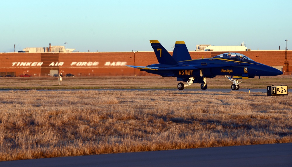 Blue Angel #7 arrives at Tinker Air Force Base for a site survey.