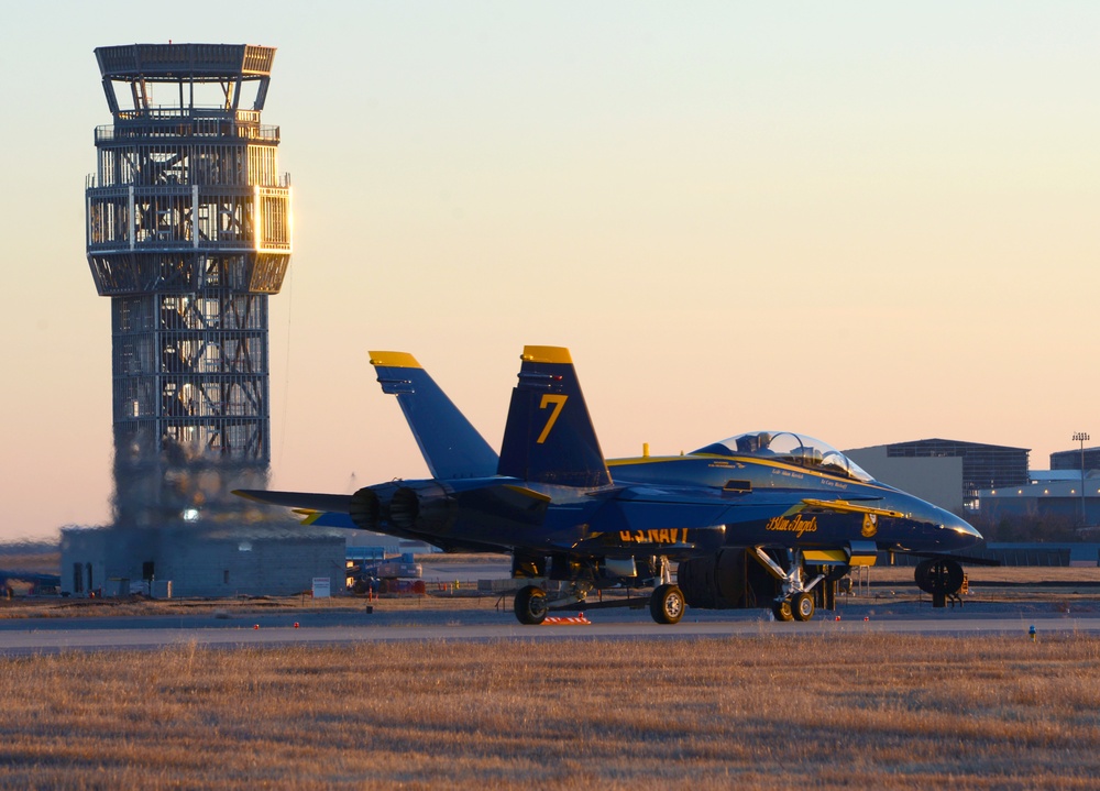 Blue Angel #7 arrives at Tinker Air Force Base for a site survey.