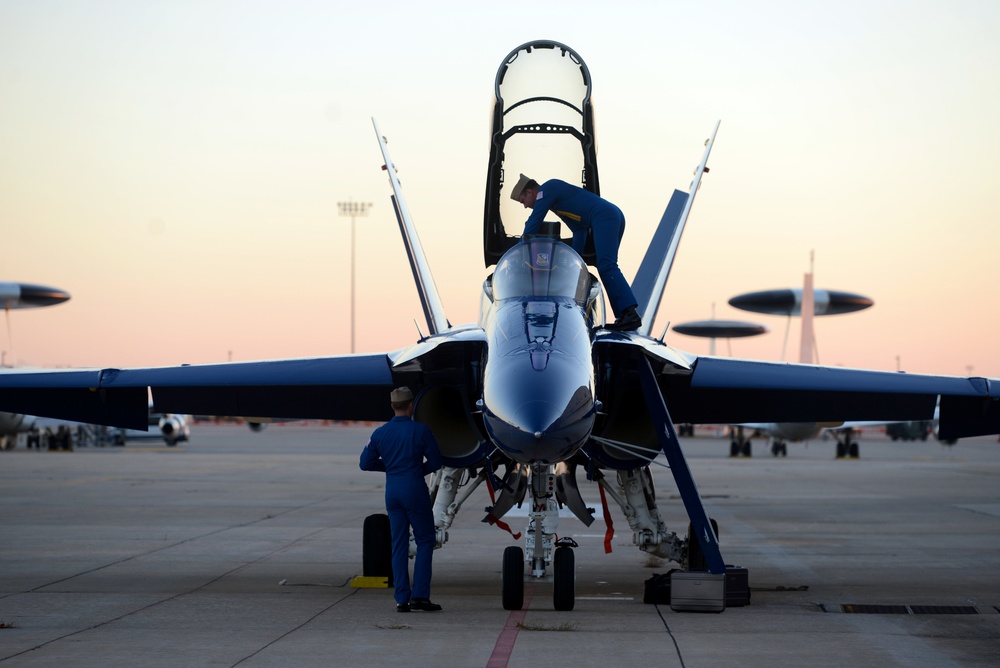 Blue Angel #7 arrives at Tinker Air Force Base for a site survey.