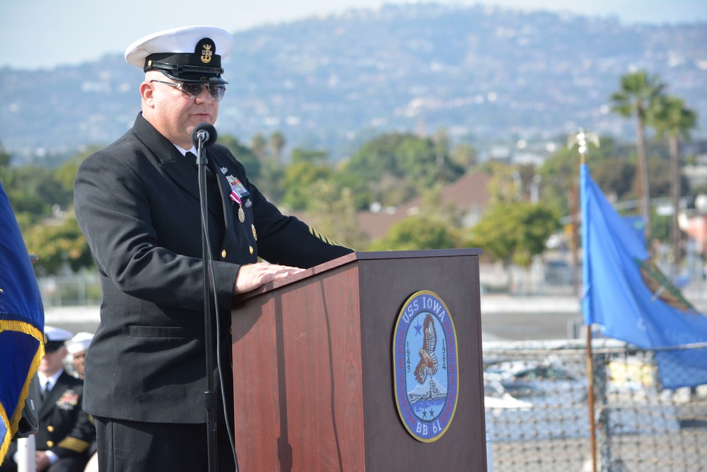 Navy Operational Support Center (NOSC) Los Angeles Command Master Chief Jeffery D. Persiani Speaks During His Retirement Ceremony Aboard the Pacific Battleship Center – Battleship USS Iowa