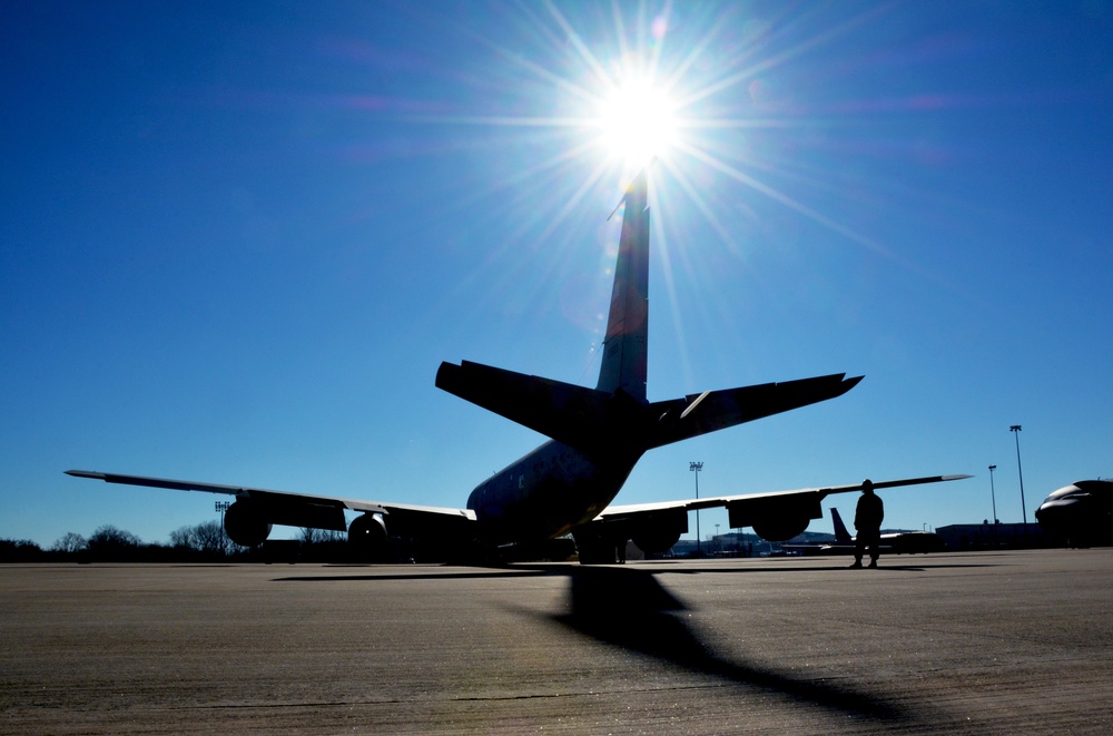 Maintenance and operations ready a KC-135 Stratotanker for flight