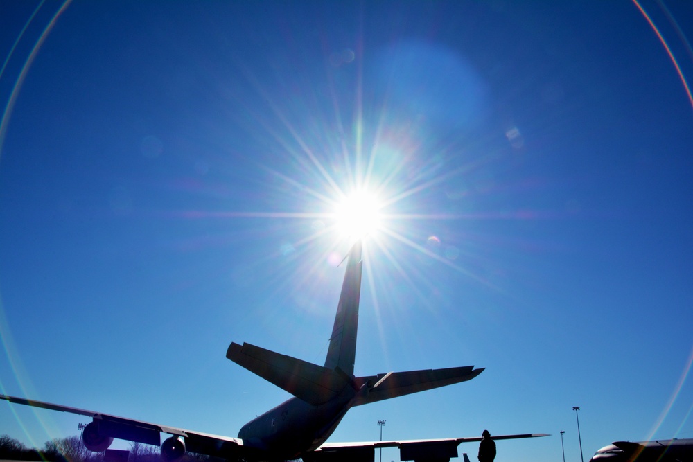 Maintenance and operations ready a KC-135 Stratotanker for flight