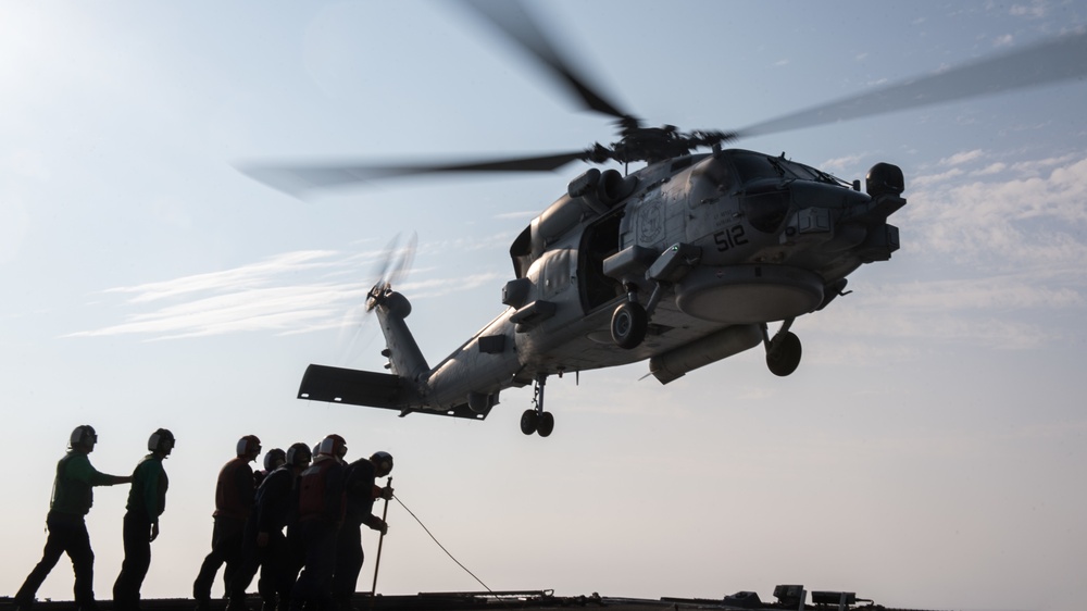 USS Jason Dunham helicopter in-flight refueling and vertical replenishment