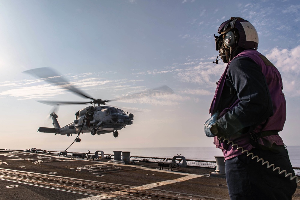 USS Jason Dunham helicopter in-flight refueling and vertical replenishment