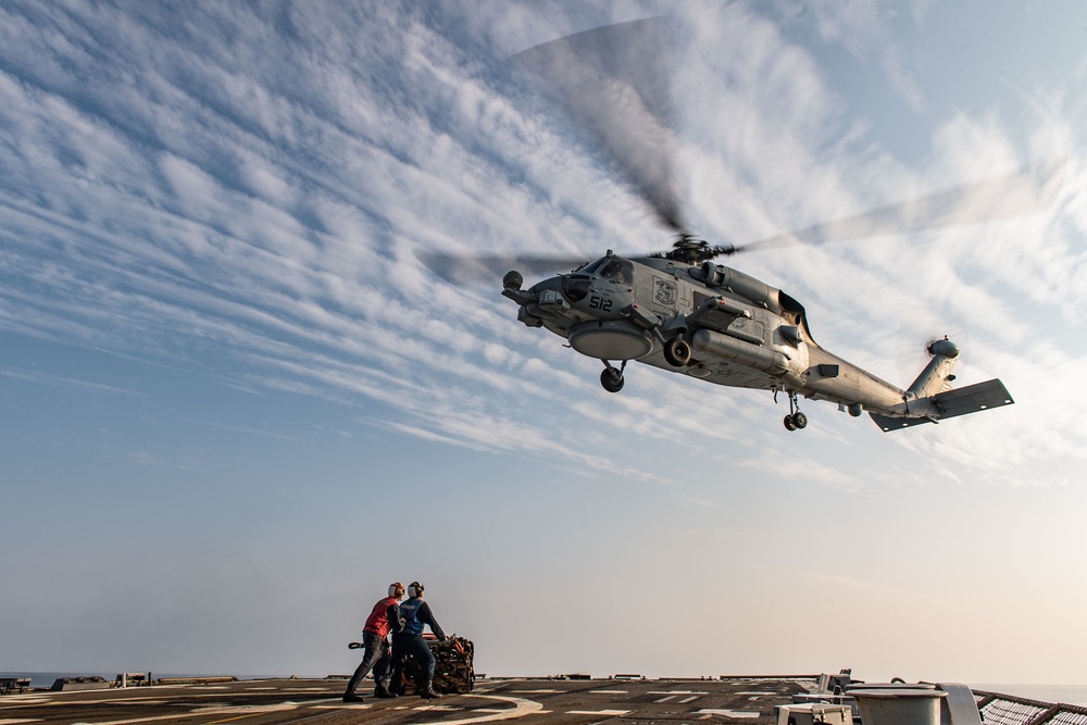 USS Jason Dunham helicopter in-flight refueling and vertical replenishment