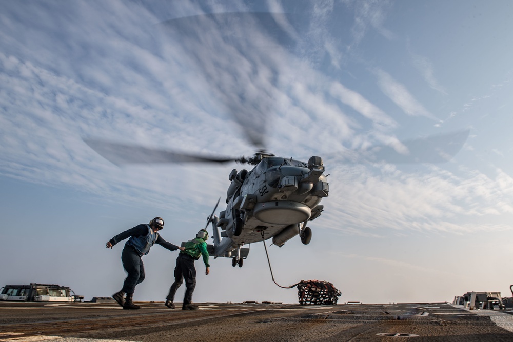 USS Jason Dunham helicopter in-flight refueling and vertical replenishment