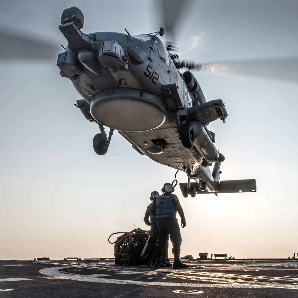 USS Jason Dunham helicopter in-flight refueling and vertical replenishment