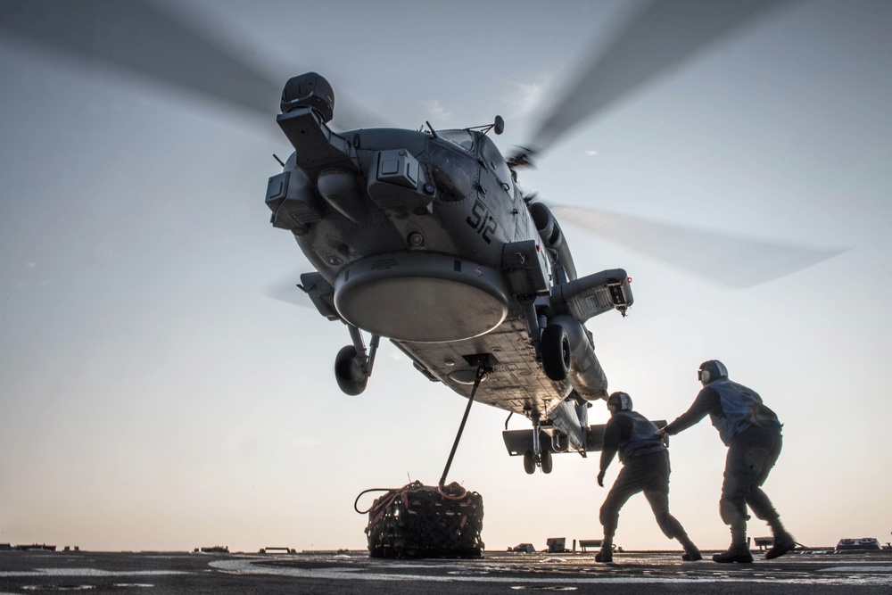 USS Jason Dunham helicopter in-flight refueling and vertical replenishment