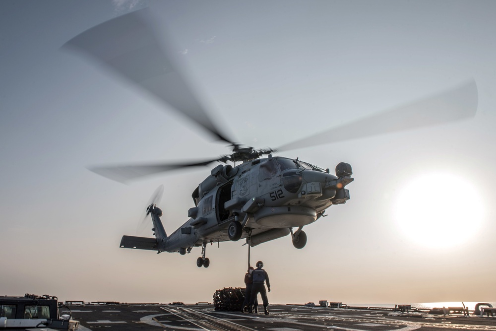 USS Jason Dunham helicopter in-flight refueling and vertical replenishment