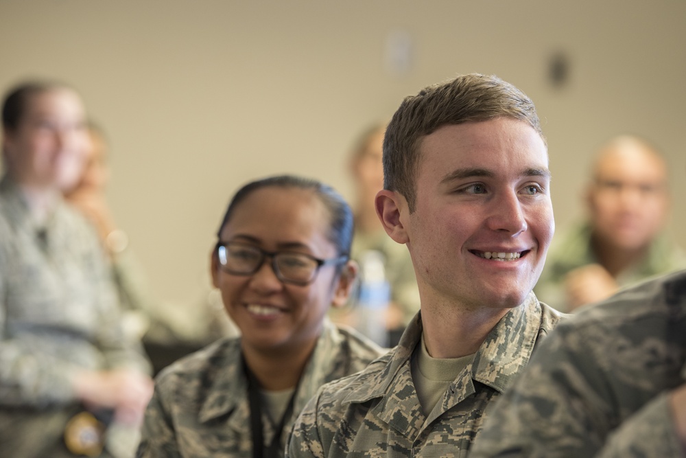 Col. Grant, Chief Alexander, provide face-to-face input to junior enlisted during Airmen’s lunch