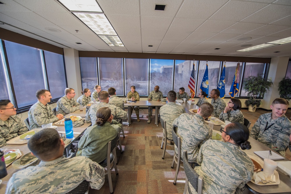 Col. Grant, Chief Alexander, provide face-to-face input to junior enlisted during Airmen’s lunch