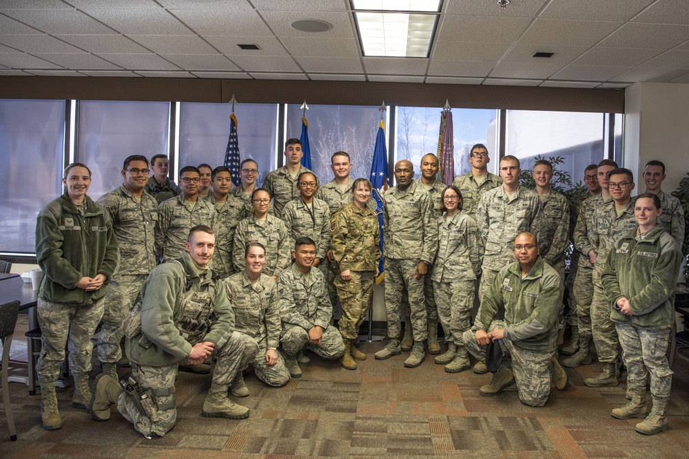 Col. Grant, Chief Alexander, provide face-to-face input to junior enlisted during Airmen’s lunch