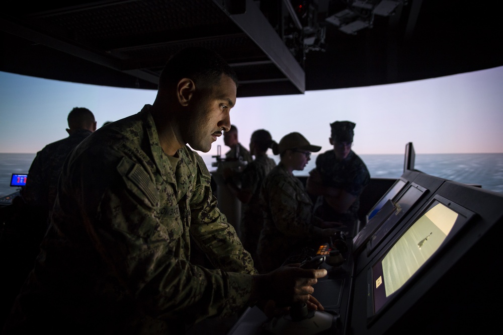 USS Bonhomme Richard Sailors train at Navigation, Seamanship and Shiphandling Trainer (NSST), Naval Base San Diego.