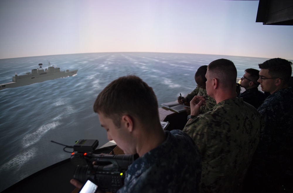 USS Bonhomme Richard Sailors train at Navigation, Seamanship and Shiphandling Trainer (NSST), Naval Base San Diego.