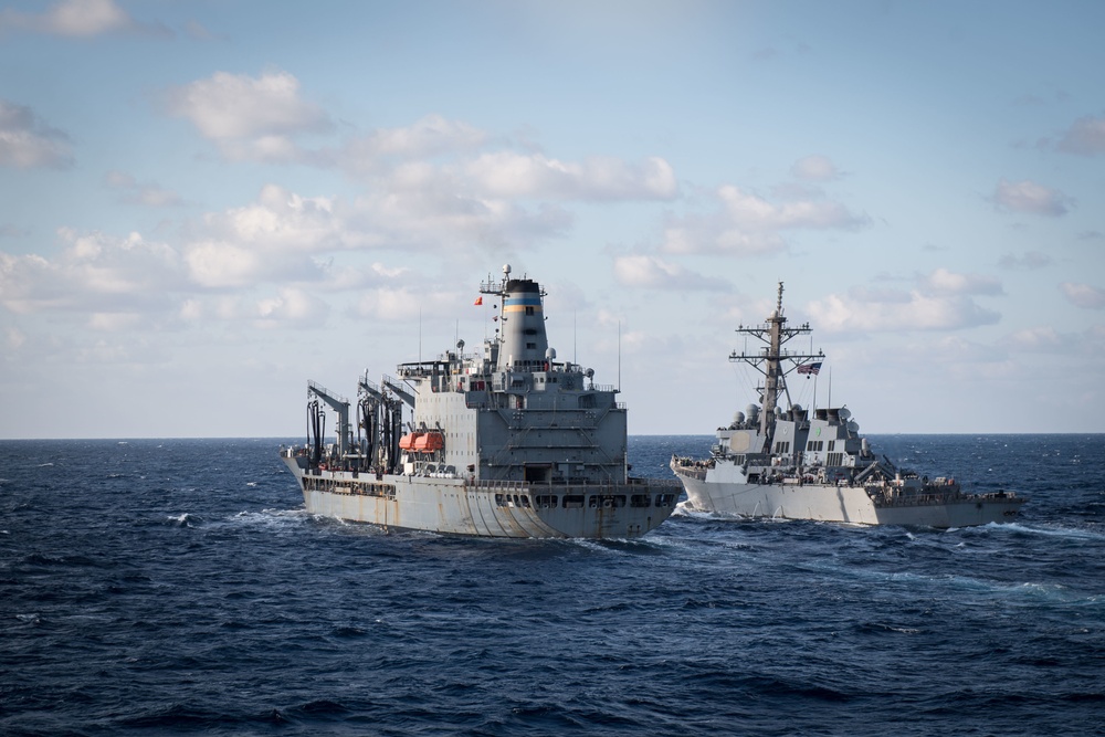 USS Jason Dunham and USS The Sullivans replenishment with USNS Leroy Grumman