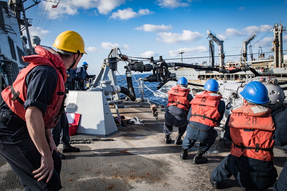 USS Jason Dunham and USS The Sullivans replenishment with USNS Leroy Grumman