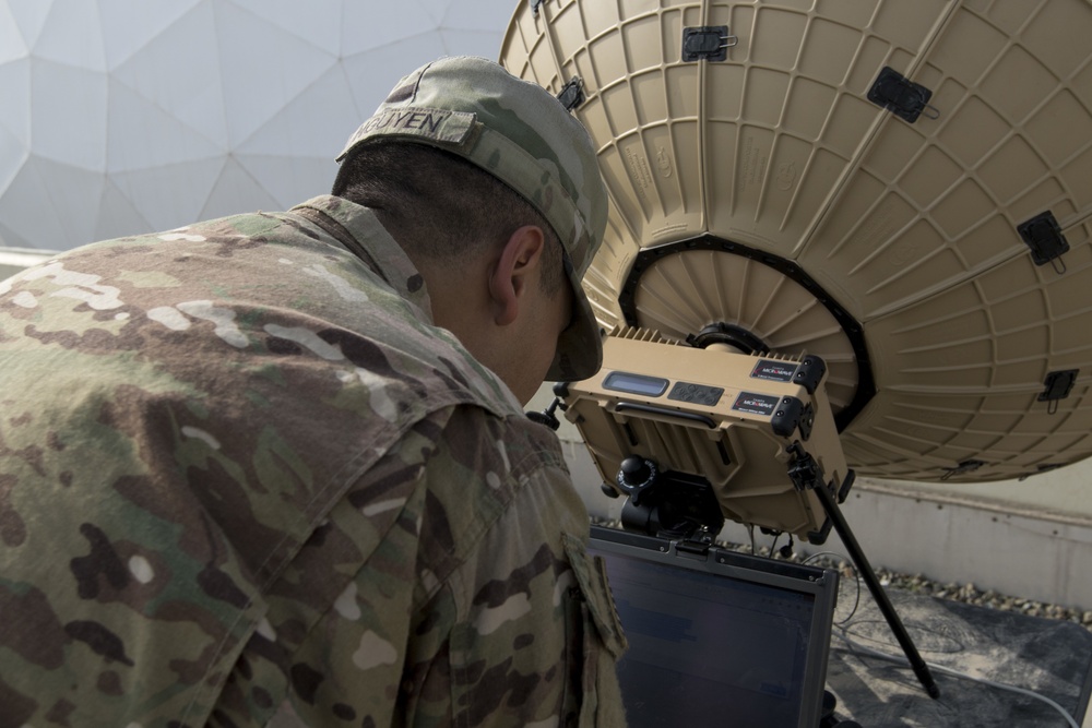 Soldiers from the 50th Expeditionary Signal Battalion test new Equipment