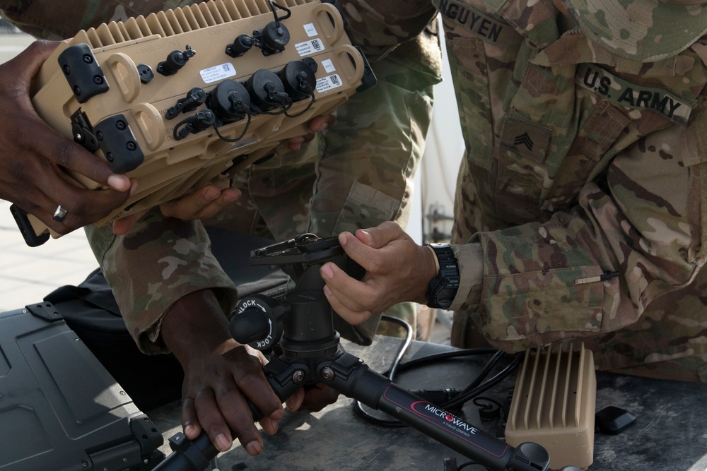 Soldiers from the 50th Expeditionary Signal Battalion test new Equipment