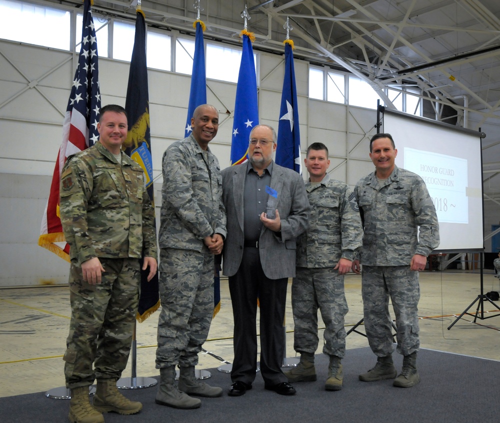 Father accepts 110th Attack Wing 2018 Honor Guard award on behalf of son