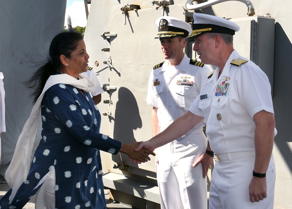 India's Minister of Defense, Nirmala Sitharaman tours the USS Michael Murphy (DDG-112) Arleigh Burke-class destroyer