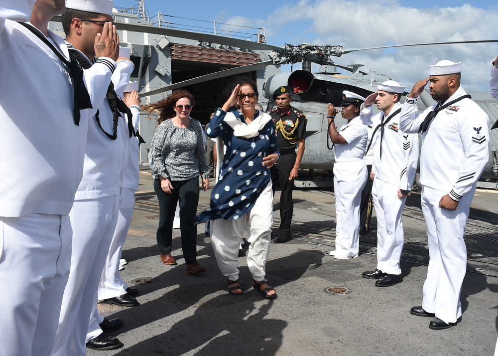 India's Minister of Defense, Nirmala Sitharaman tours the USS Michael Murphy (DDG-112) Arleigh Burke-class destroyer