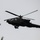 A military attack helicopter, consistent with an AH-64 Apache, is captured in flight against an overcast gray sky. The helicopter is photographed from a slightly below angle, revealing its tandem cockpit, stub wings, and weapons systems. Trees are partially visible in the lower left and right corners of the frame.