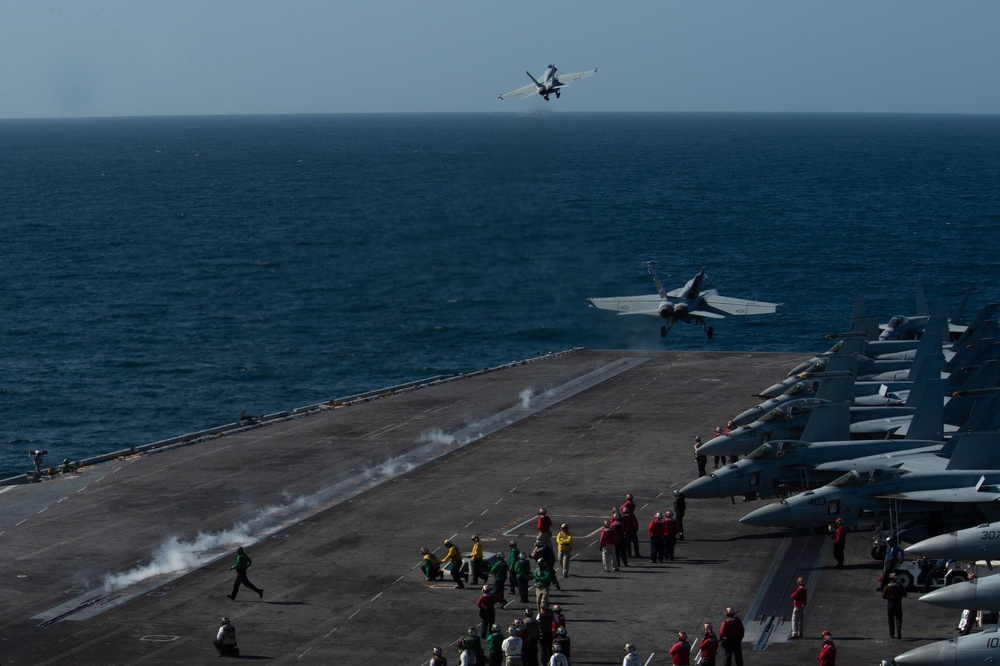 The aircraft carrier USS John C. Stennis (CVN 74) conducts flight operations