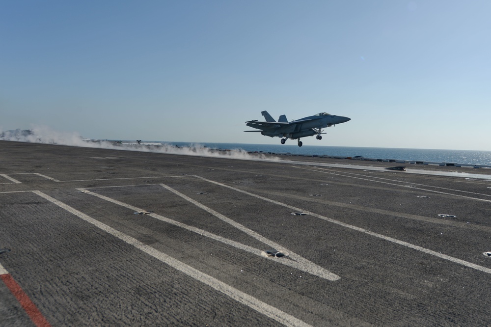 The aircraft carrier USS John C. Stennis (CVN 74) conducts flight operations