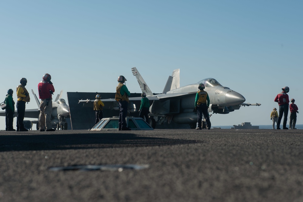 The aircraft carrier USS John C. Stennis (CVN 74) conducts flight operations