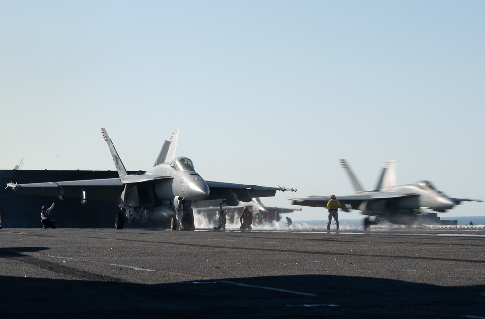 The aircraft carrier USS John C. Stennis (CVN 74) conducts flight operations