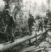 32nd Division Soldiers cross a rudimentary log bridge in the South Pacific in 1942 during World War II