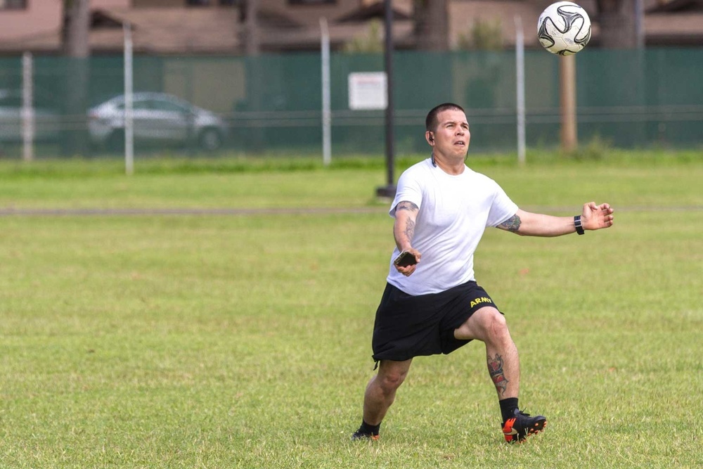 527 CSSB soldier practices during Staff Sgt. Paul Lambers Soccer Tournament