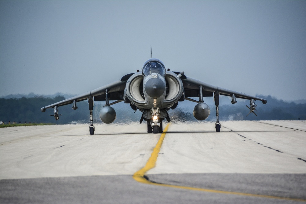 AV-8B Harrier II taxis the runway for takeoff