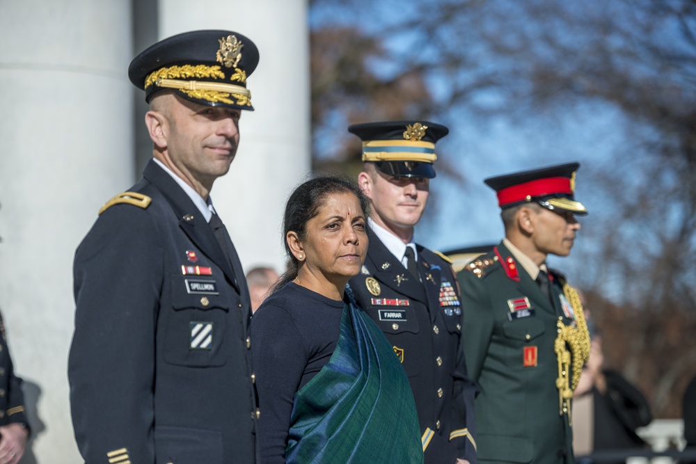 Defense Minister of India Nirmala Sitharaman Participates in an Army Special Honors Wreath-Laying Ceremony at the Tomb of the Unknown Soldier