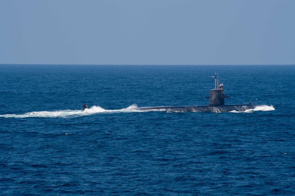 The fast attack submarine USS Louisville (SSN 724) surfaces during the anti-submarine warfare exercise SHAREM 195