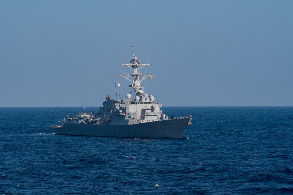 The guided-missile destroyer USS Spruance (DDG 111) cuts through the sea during the anti-submarine warfare exercise SHAREM 195