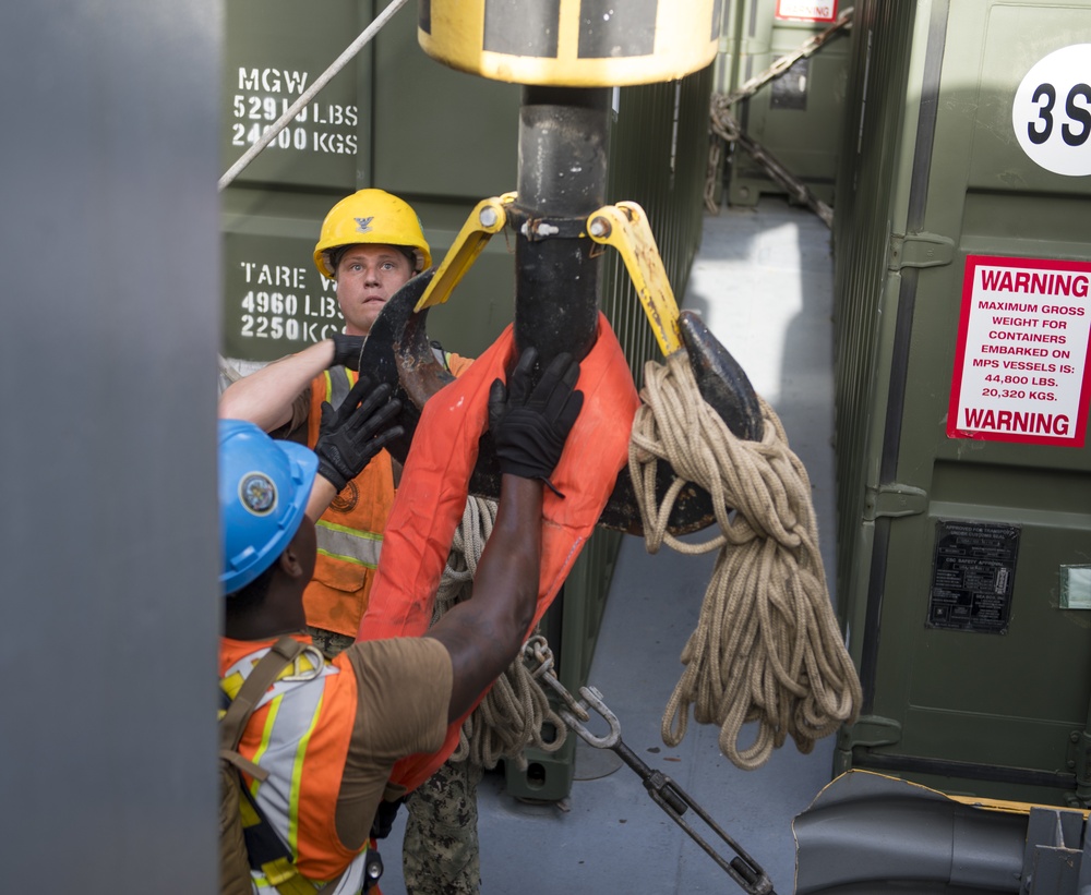 NCHB 1, Detachment Guam, Conducts Cargo Handling Familiarization Training Aboard USNS GYSGT Fred W. Stockham