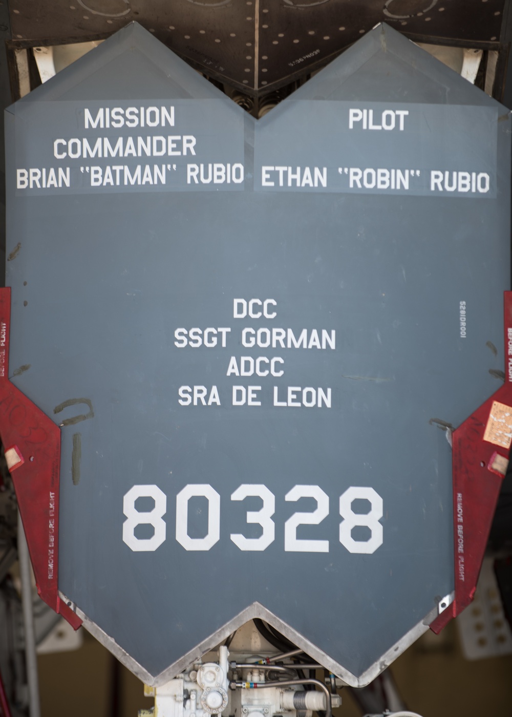A B-2 stealth bomber is painted with both Brian and Ethan Robio's names
