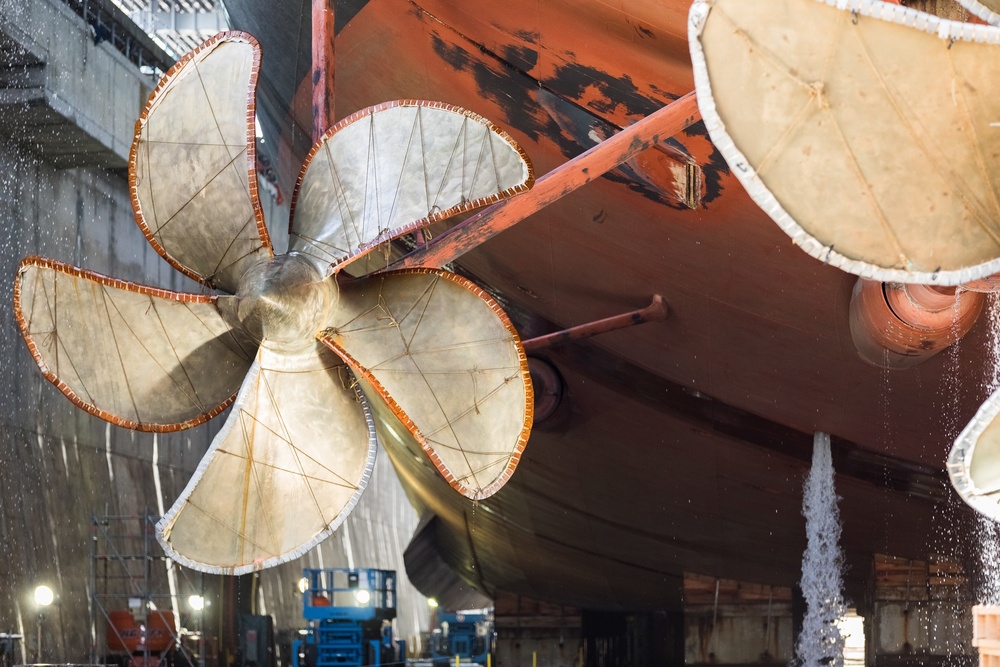 USS Nimitz (CVN 68) in  Dry Dock 6 post dewatering at Puget Sound Naval Shipyard &amp; Intermediate Maintenance Facility.