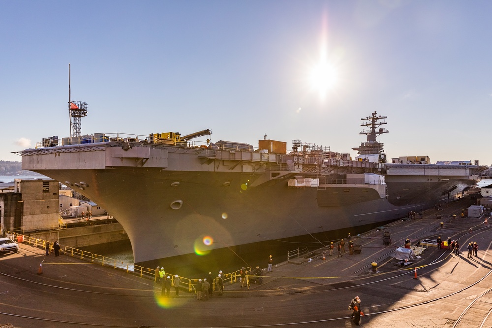 USS Nimitz (CVN 68) departed Dry Dock 6 at Puget Sound Naval Shipyard &amp; Intermediate Maintenance Facility.