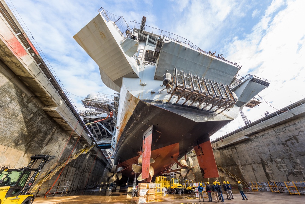 USS Nimitz (CVN 68) in  Dry Dock 6 post dewatering at Puget Sound Naval Shipyard &amp; Intermediate Maintenance Facility.