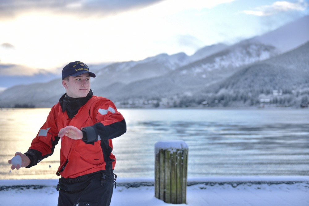 First December snow at Coast Guard Station Juneau, Alaska