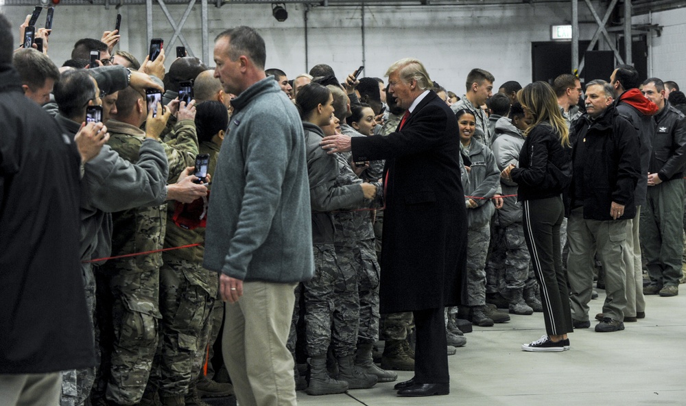 President Donald Trump and first lady Melania Trump meet with U.S. Airmen on Ramstein Air Base, Germany