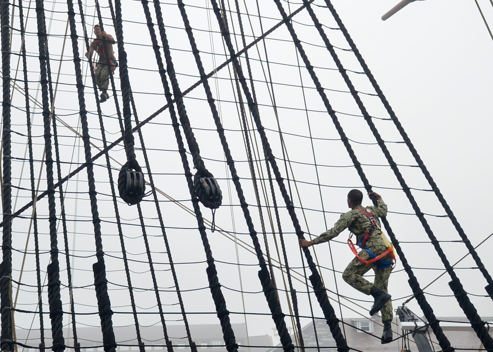 Constitution Sailors Climb 'Old Ironsides' Mainmast Shrouds
